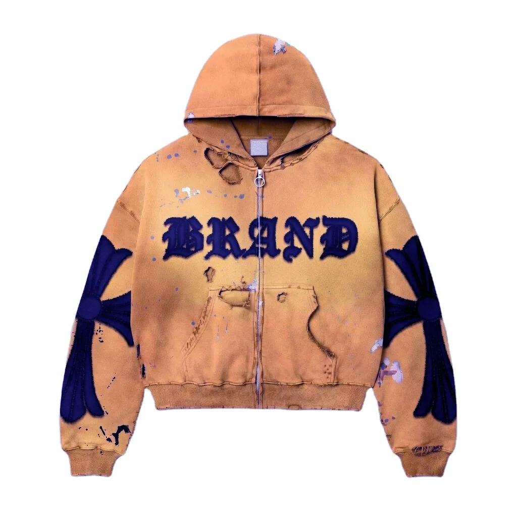 Glory Custom Oversized Distressed Zip Up Hoodie 100% Cotton Soft Fabric Graphic Sweatshirt Jacket Top For Unisex Wear