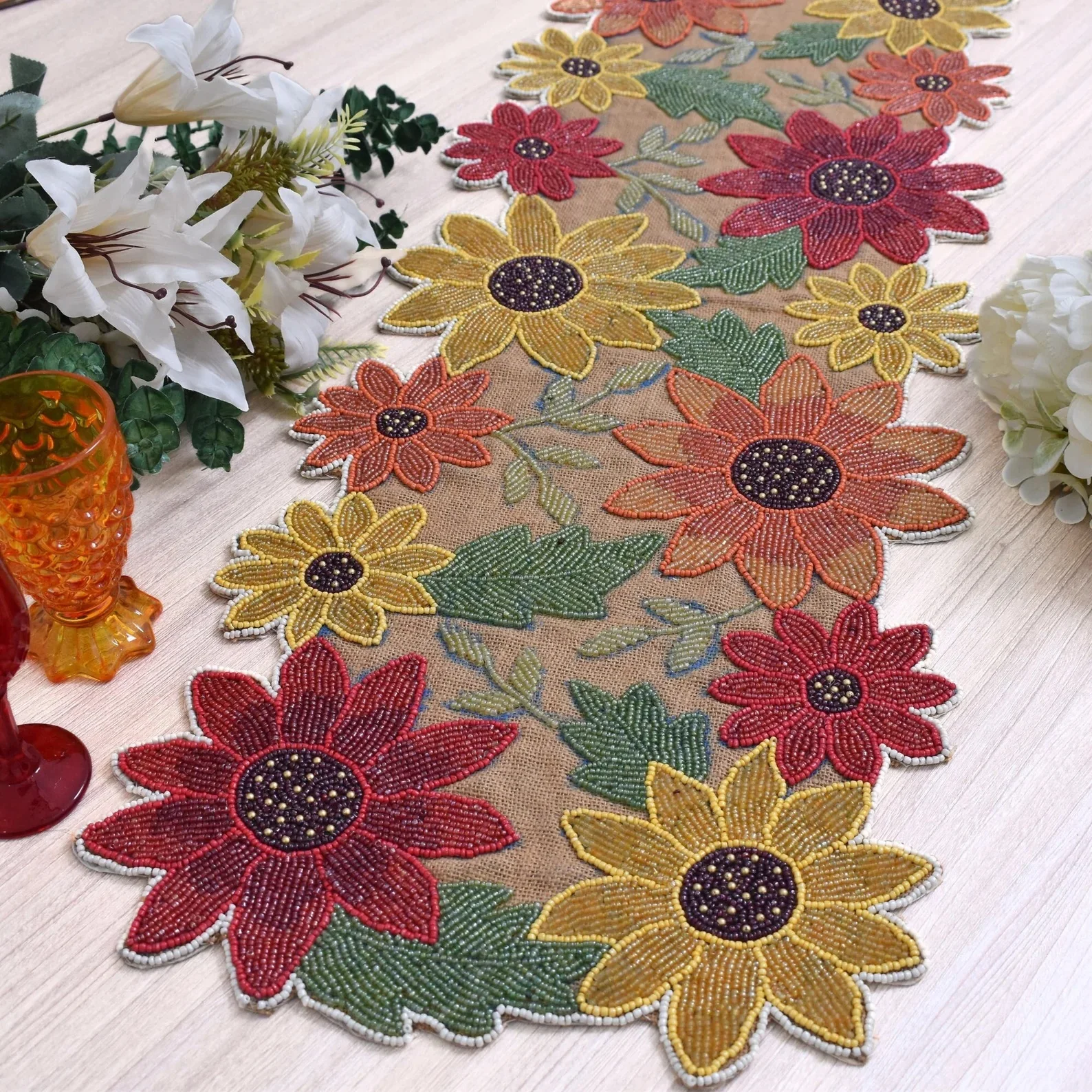 Custom Color Beaded Work Embroidery Table Runner Floral Design for Dining Jute Material Weddings Home Hotels Parties Low Price