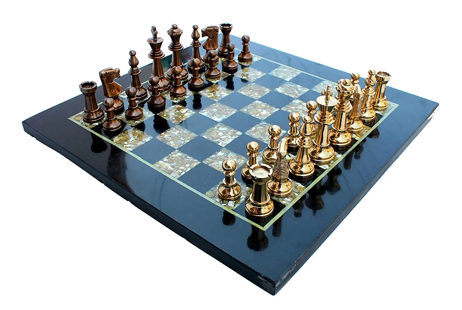 Chess Game Board Set - Made With Black Marble, & Brass Pieces (15" X 15")