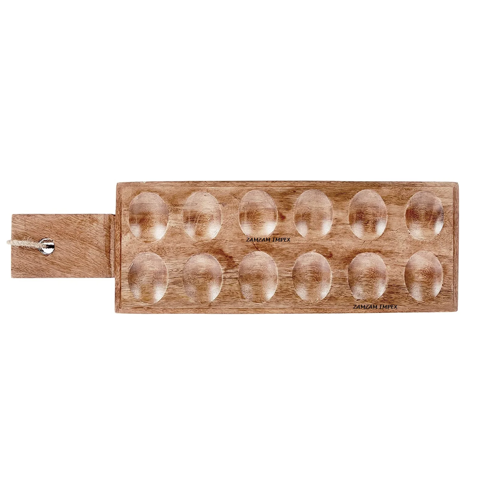 Handcrafted Mango Wood Deviled Egg Tray with Handle  12 Slot Wooden Egg Serving Platter for Parties and Kitchen Use