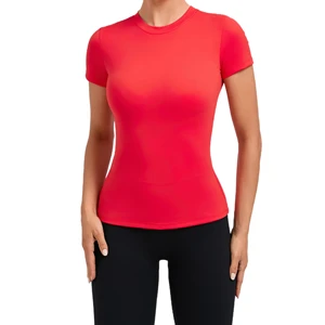 Women Solid Color Slim Yoga Short Sleeve Shirt Lady Casual Round Neck Running Top Female Loose Lower Back Sports T Shirts