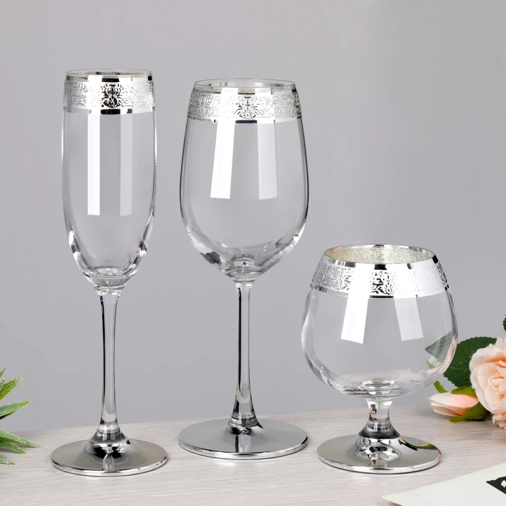 Silver Trim Platinum Rim Lead Free Crystal Champagne Flute Brandy Snifter Collins Old Fashioned Wine Glass Goblets Set