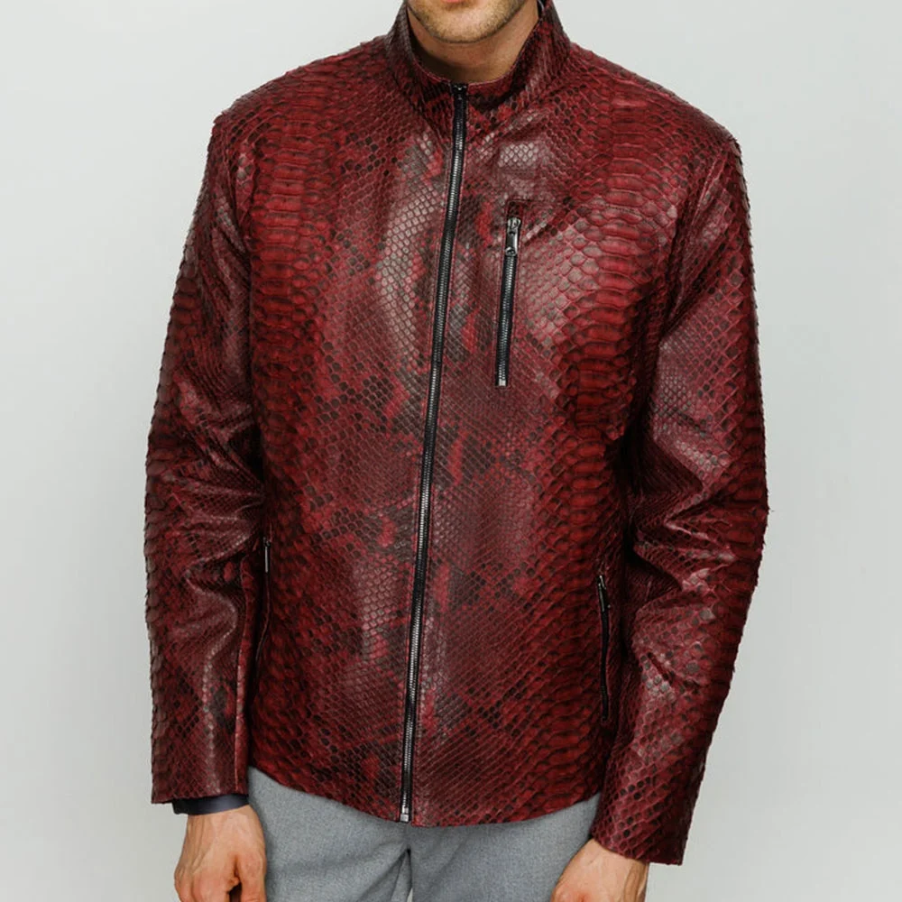 Red Leather Jacket for Men - Python Embossed Snakeskin Style