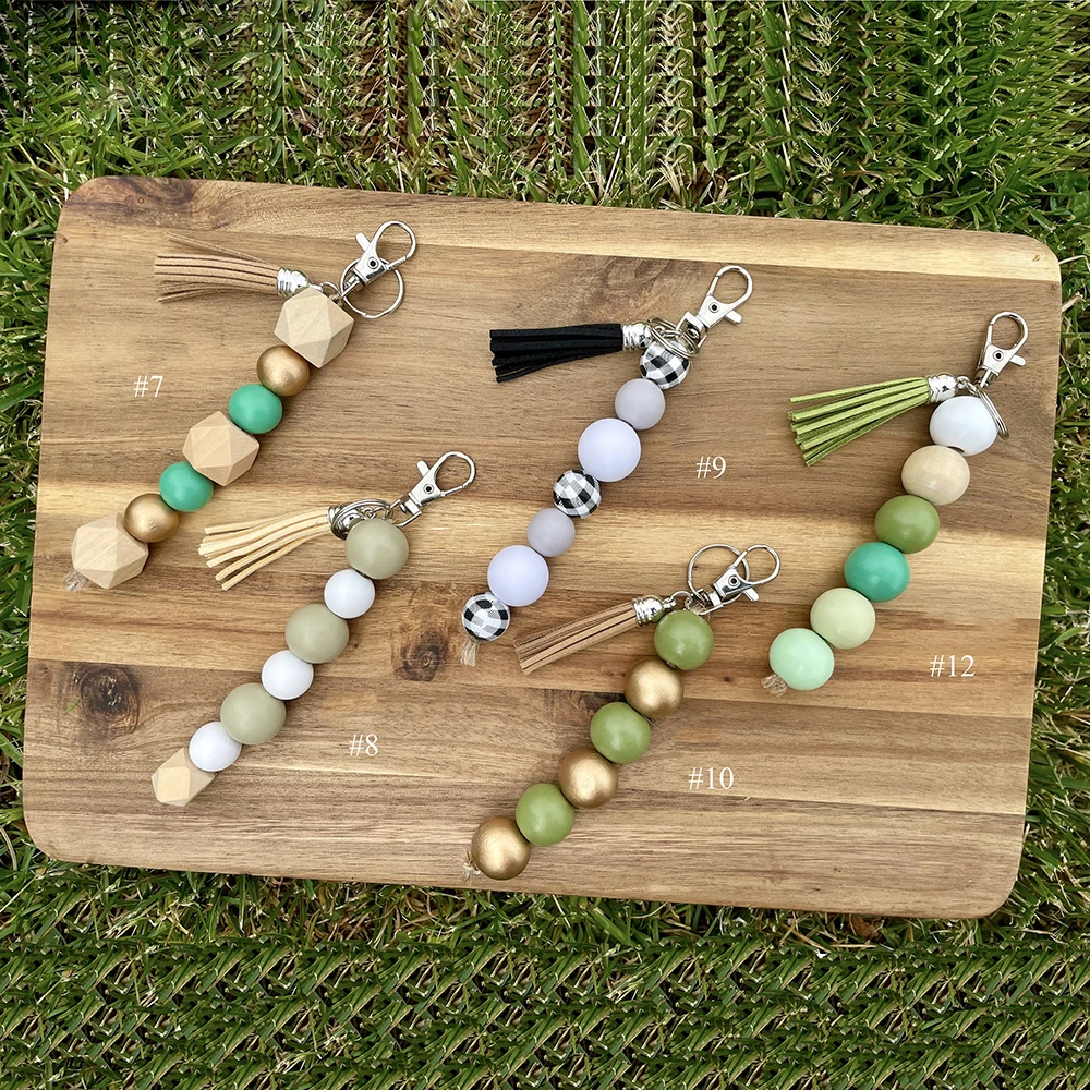 Personalized Custom Name Wood Bead Tassel Initial Keychain With Disc