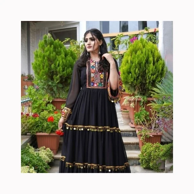 Premium Quality Genuine Leather Custom Fabric Salwar Kameez for Balochi Tribal Women Heavy Embroidered Long Frock Sleeves