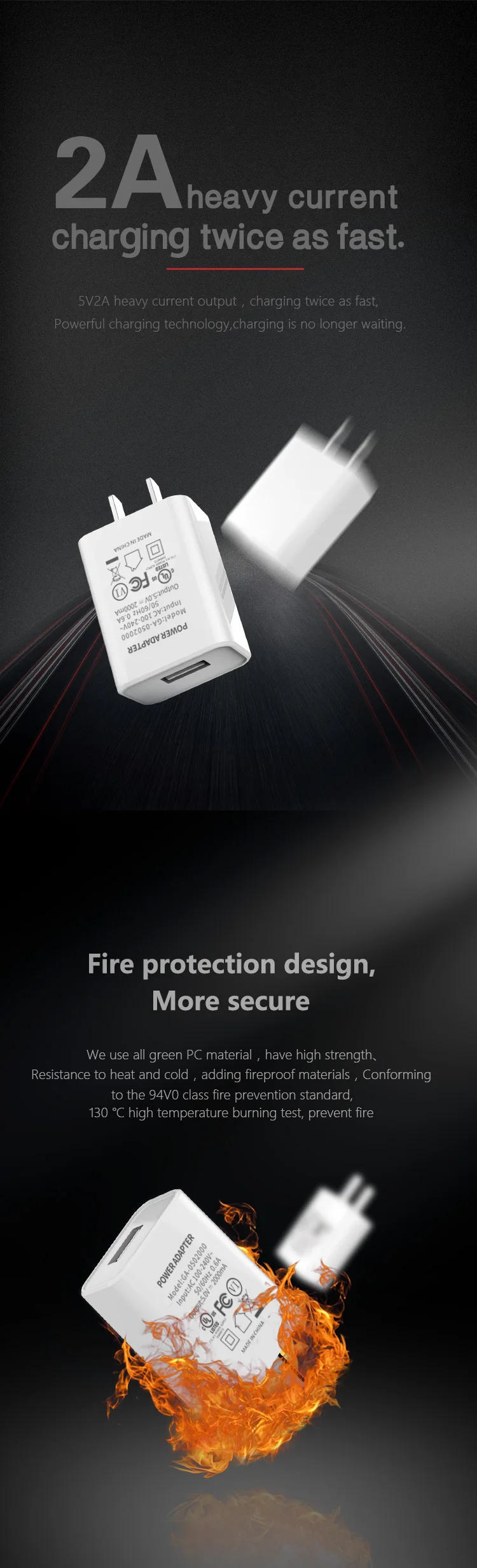 US U L FCC Certificated Portable Dual USB Ports 5V 2A Wall Charger Adapter For Mobile Phones
