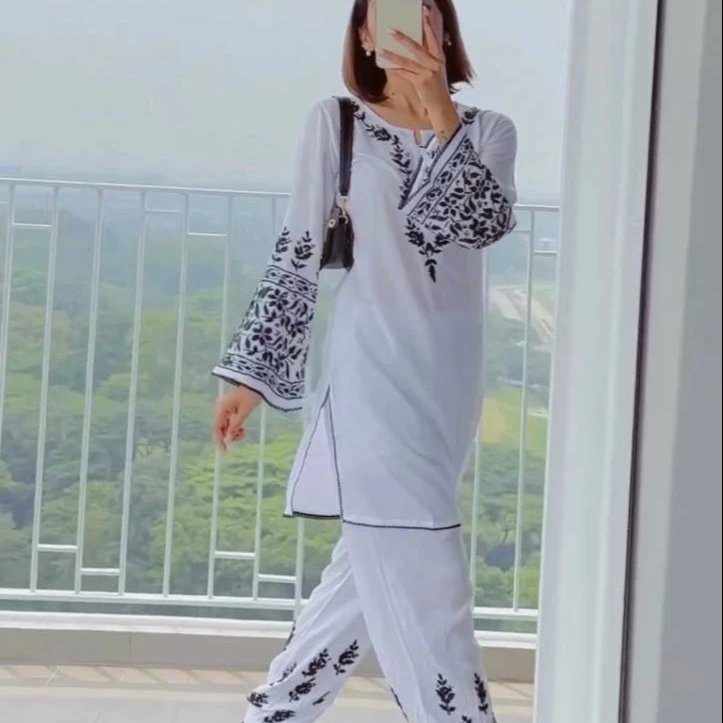 Plazo and Short Kurta Set 3pcs Kurta Plazo Set Long Ladies Kurtis for Women in India Ethnic Indian Women's Clothing