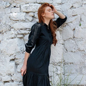 Women's Casual Cotton Maxi Dress Sexy Puff Sleeves Comfortable Victorian Style Summer Black Outfit Woven Weave Natural Waist