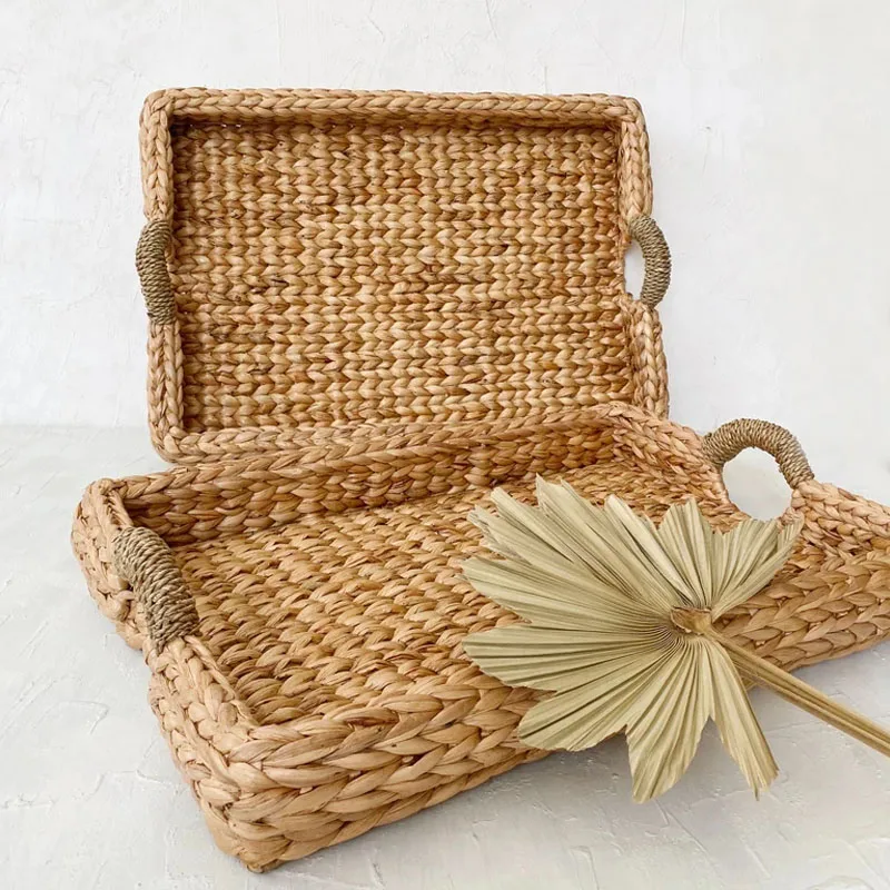 Unique Rectangle Natural Tray Woven Water Hyacinth With Handle,Tray For