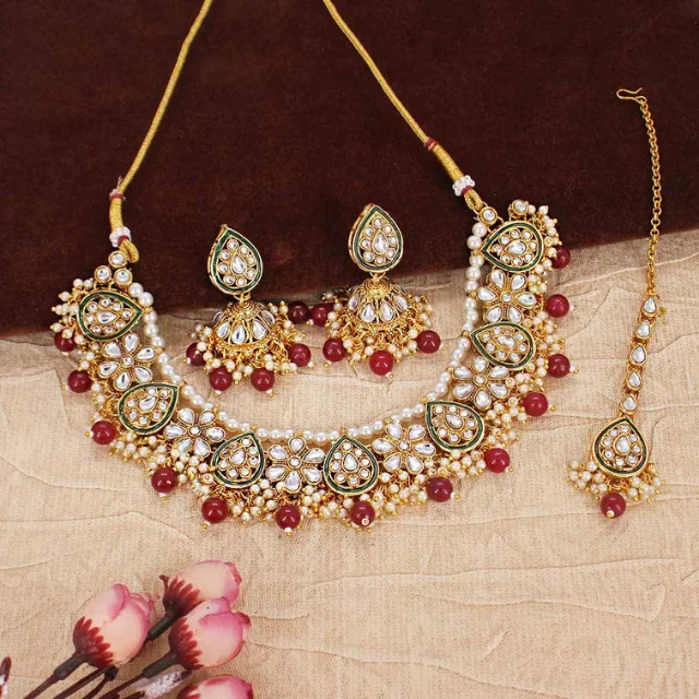 Latest Maroon Color Kundan Necklace Set In Gold Finish Pearls Indian