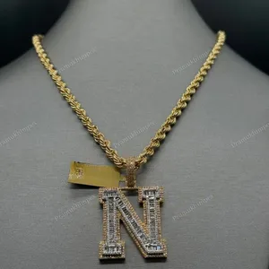 New Arrival Initial N Hip Hop Emerald Cut Moissanite 14K Gold Plated Sterling Silver Unisex Custom Rapper Pendant Necklace for