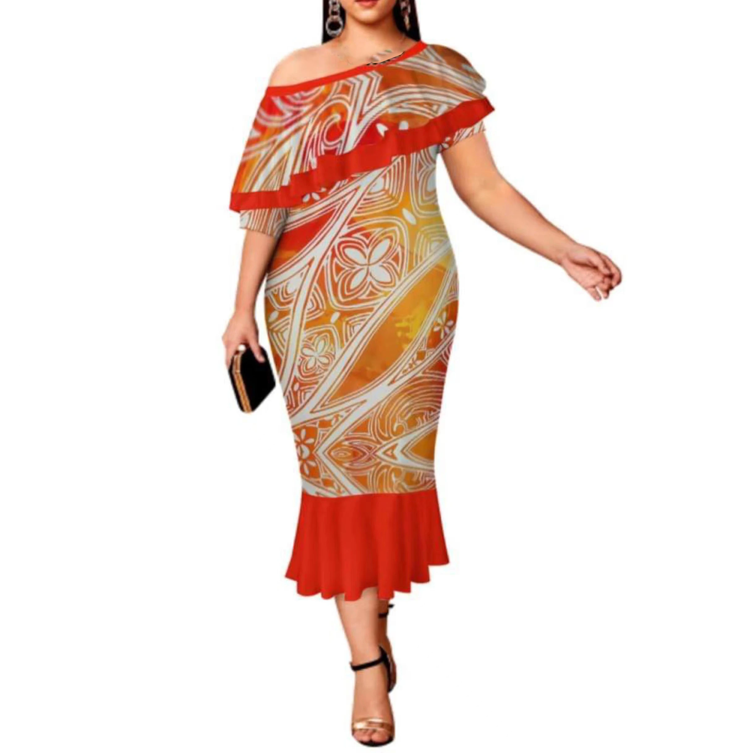 Polynesian Long Sleeves Long Dress Tapa Plumeria Style - Green LT7 main image 0