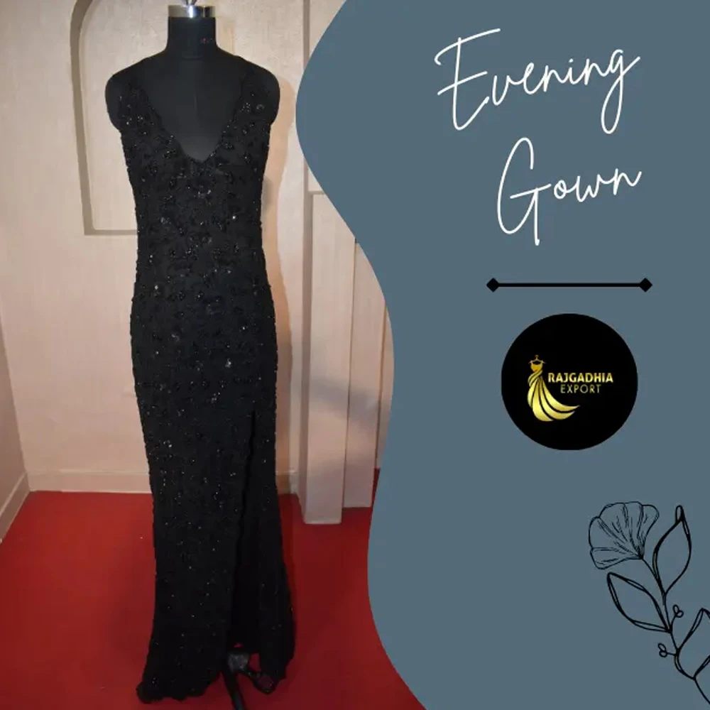 Black Beaded Evening Gown Perfect for Wedding Parties