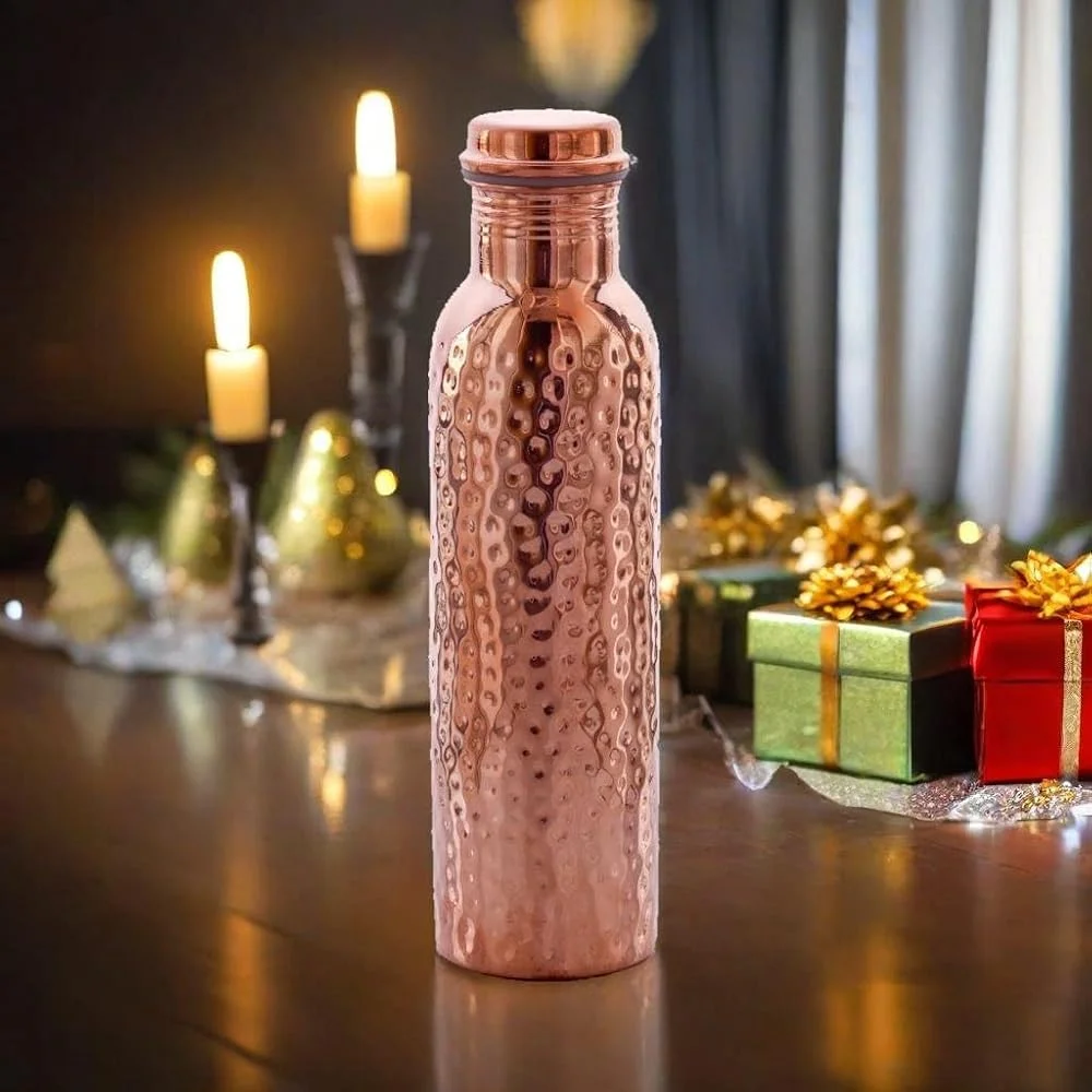 Best Quality Pure Copper 1000ml Leakproof Lid Vacuum Insulated Water Bottle Tumbler Set Hammered Ayurvedic Eco-Friendly Handmade_voghion.com