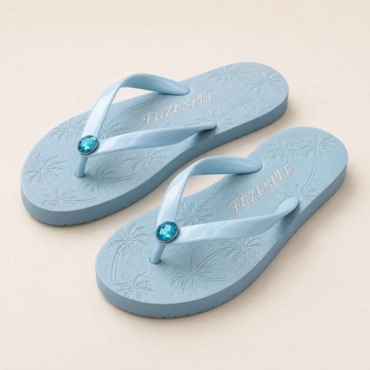Angled view light blue palm tree gem flip flops