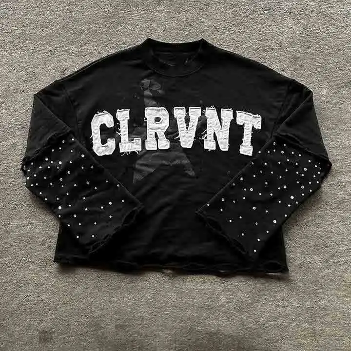 Customizable Heavyweight Oversized Acid Wash Double Layer Long Sleeve T-Shirt Men Salati Patch Stitch Rhinestone Fitted Print