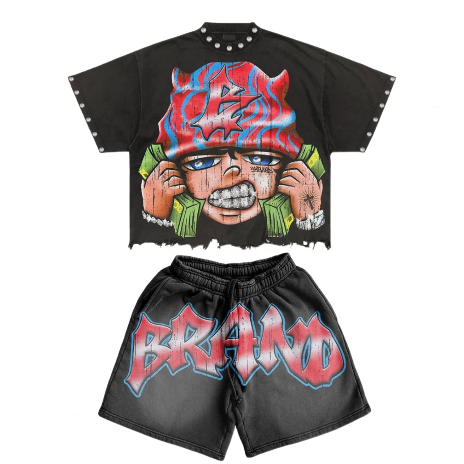 Custom Acid Wash & DTG Print Summer T-Shirt & Shorts Set 2-Piece 100% Cotton Outfit Streetwear Fashion For Men's