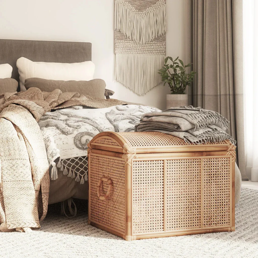 Boho Style Unique Rattan Storage Trunk, Toy Box, Woven Picnic Basket Home Clothes