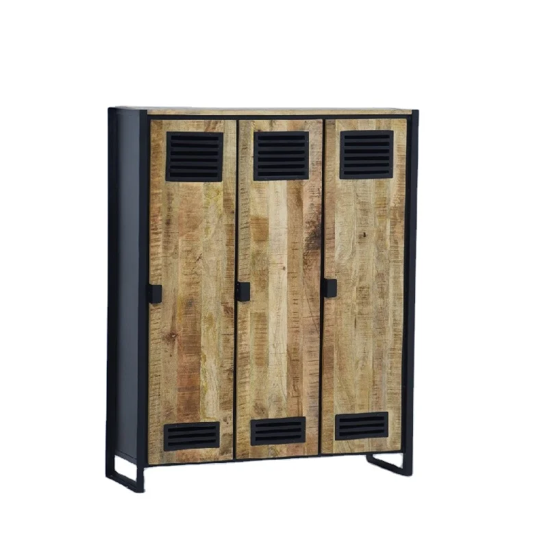 Hot Selling Industrial Design Triple Door Locker Cabinet Good Quality Solid Wooden With Iron Base Wardrobe for Ho