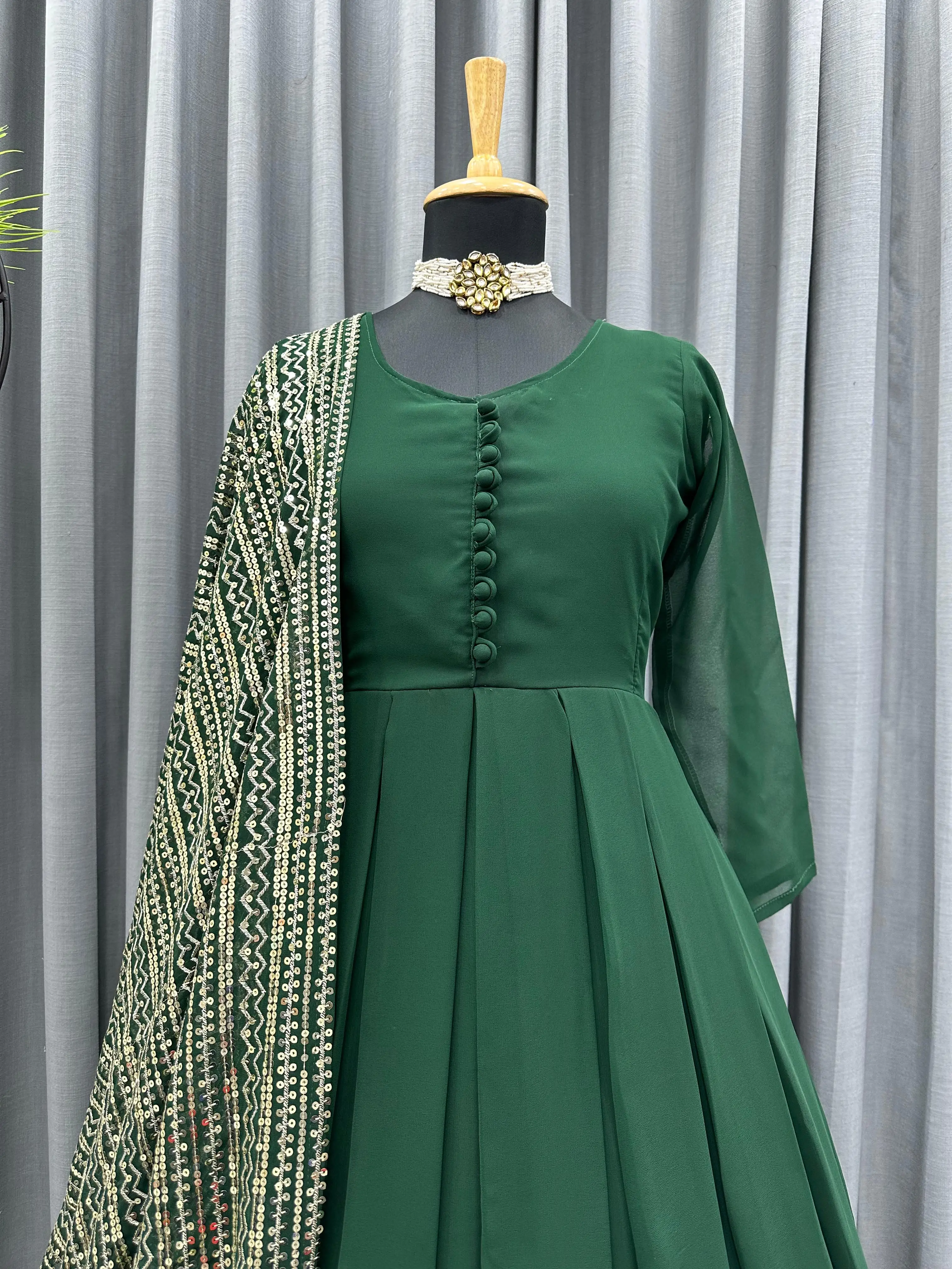 Vintage Indian Pakistani Designer Gown with Heavy Embroidery Sequence Work Wedding Party Wear Top and Dupatta Lace Decorated