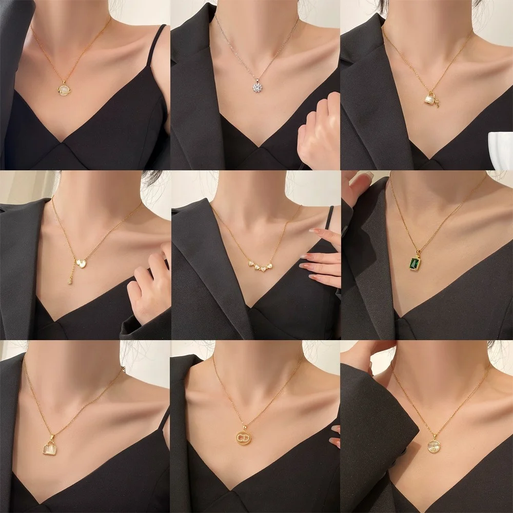 New Design Stainless Steel Necklace for Women and Girls 14K Gold Plated with Zircon Pendant Silver Neck Chain for Gifts