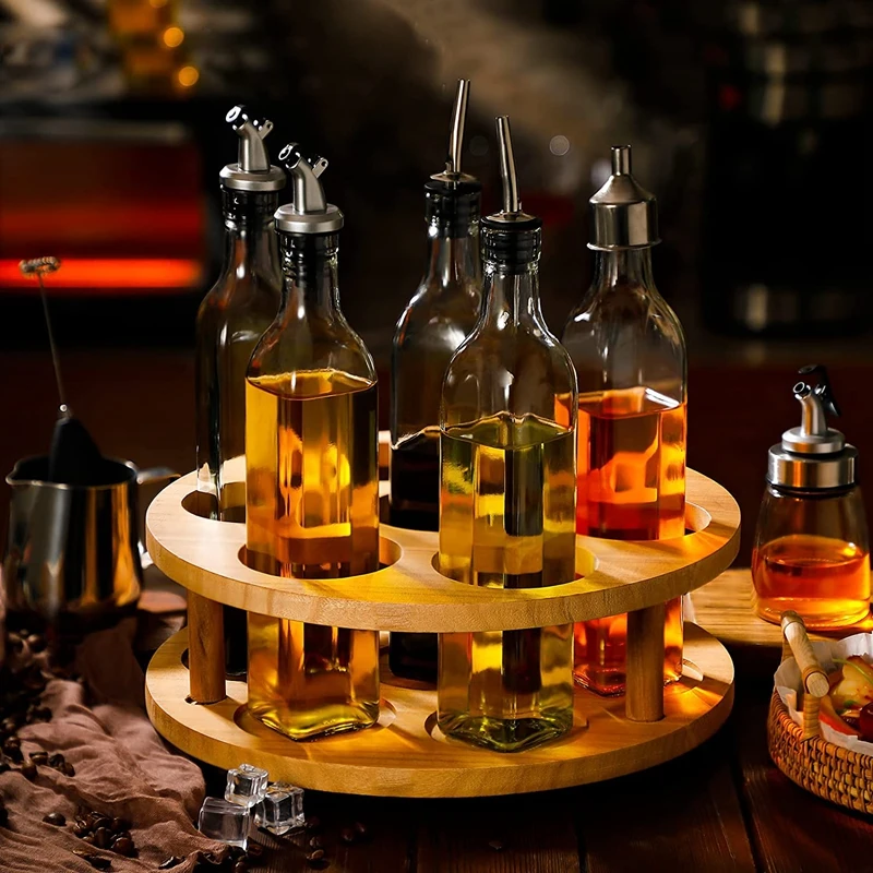 7 Bottles Coffee Syrup Organizer,Bamboo Rotating Coffee Syrup Rack