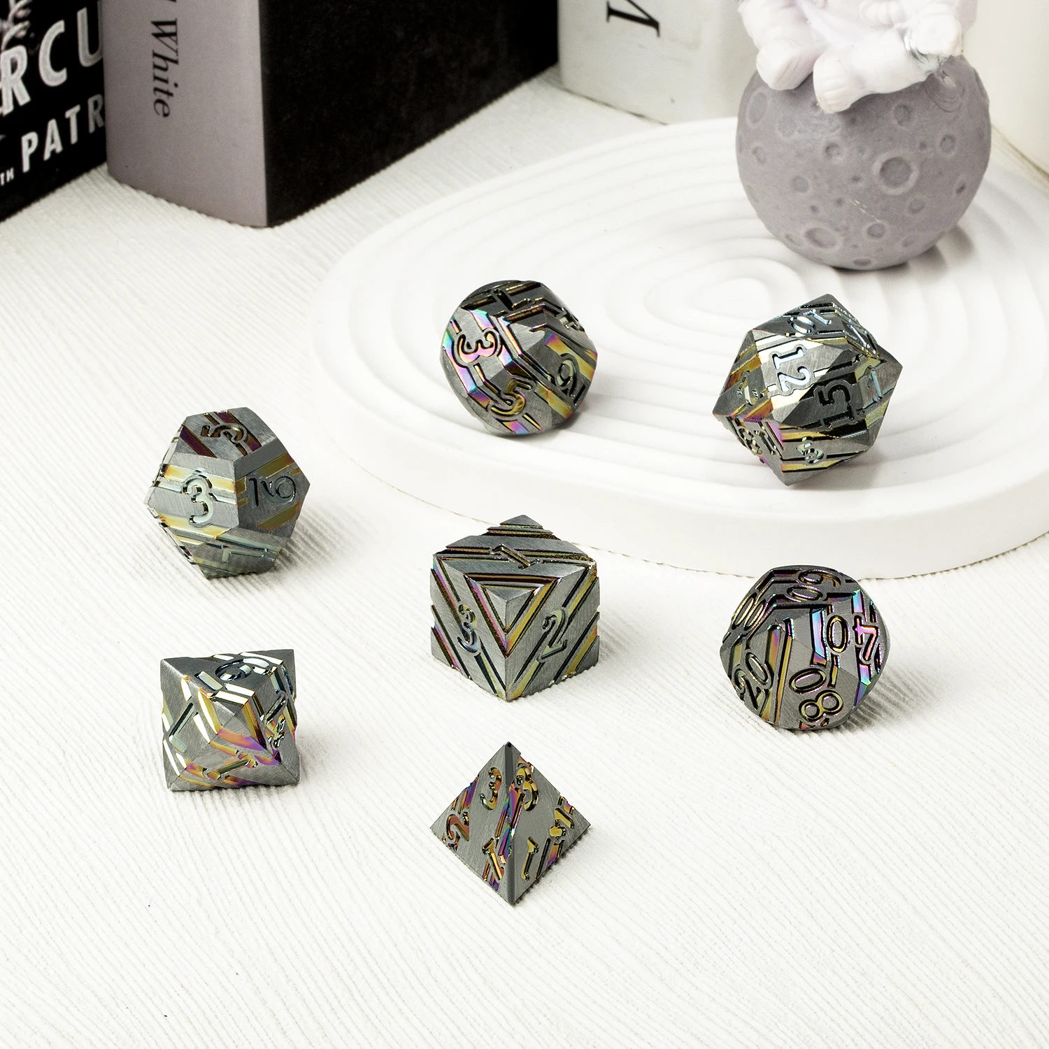 Factory Wholesale Rainbow Stripe Dnd Metal Dice Set,7 Pcs Zinc Alloy D