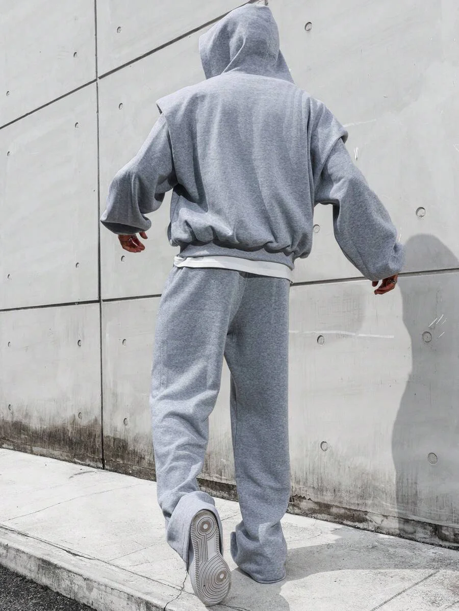 Baggy Mens Gray Tracksuit Oversized Loose Fit Hooded Fleece