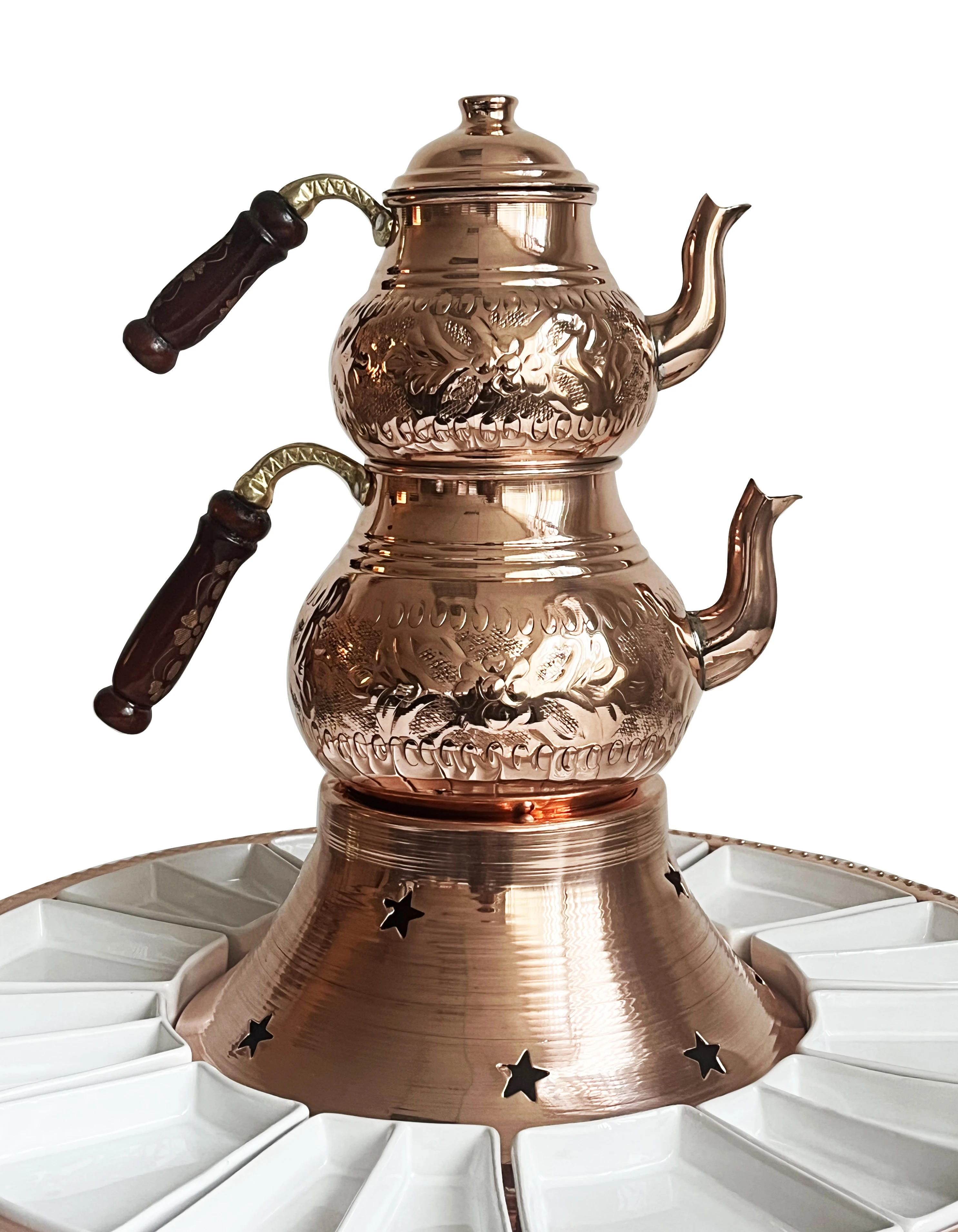 Handmade Copper Turkish Breakfast Set With Hand Carved Teapot Set, Burner and Porcelain Mini Plates, Stovetop Tea Kettle