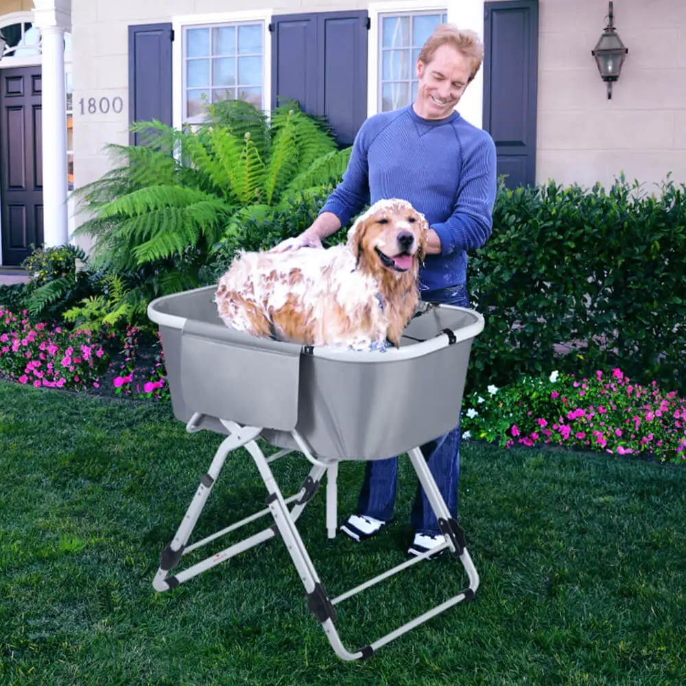 SereneLife Portable Dog Bath Tub With Side Pockets & Drain - Gray & Black PVC Tub