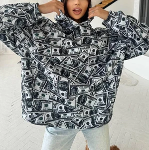 High Quality Winter Embroidered Money DTG Print Oversized Pullover Hoodie Custom All Dollar Pattern Hip Hop Streetwear