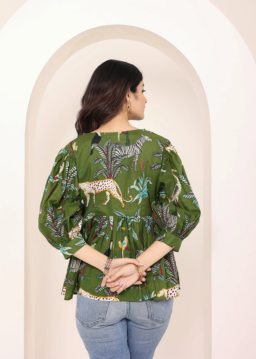 Shop Our Green Tropical Print Balloon Sleeve Peplum Top