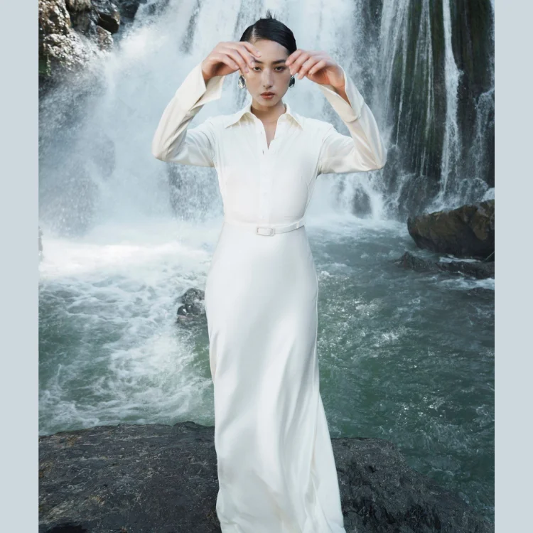 In Stock Long Dresses Women Elegant AUDREY DAY DRESS Long Sleeve 89% Triacetate - 11% Polyester Women's Fashion Clothing