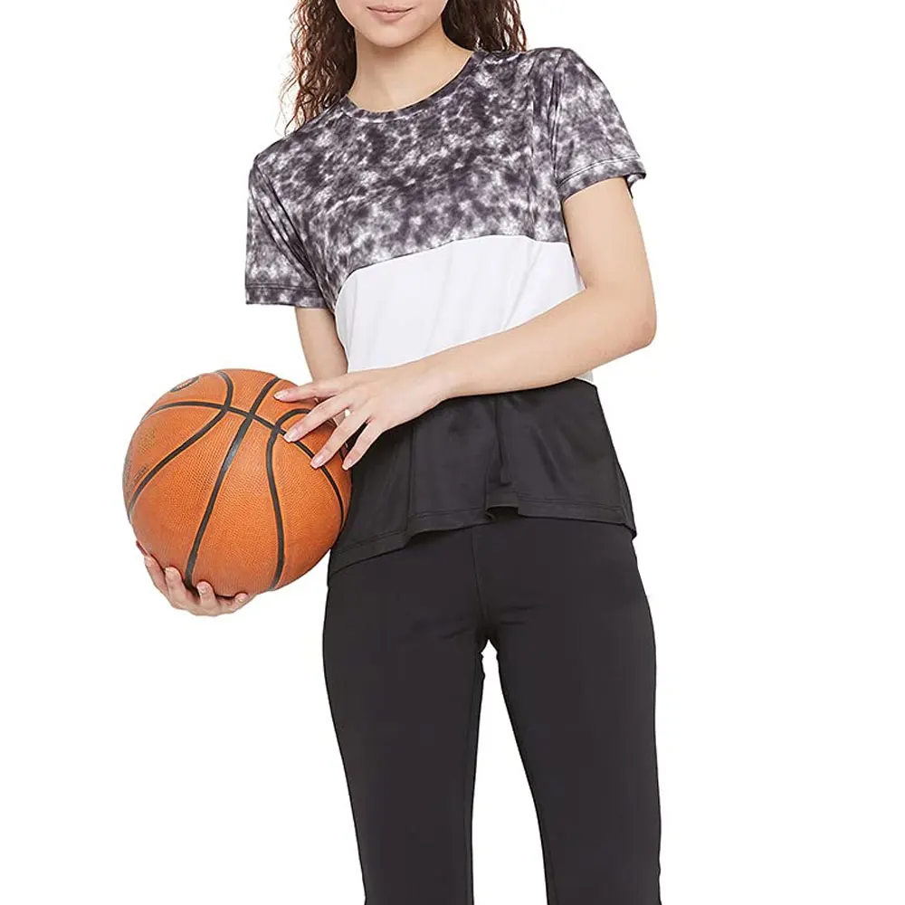 Women's Sporty Tie Dye Color Block Crew Neck Short Sleeve Quick Dry Polyester Crop T-Shirt