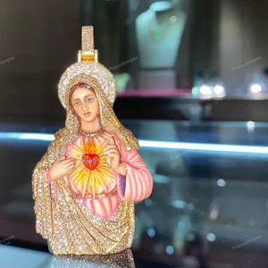 Ice 925 Sterling Silver Gold Plated Enamel Moissanite Custom Piece Mary Hip Hop Party Pendant Gift Personalize Jewelry Low Cost