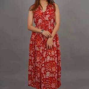 Beautiful Cotton Hand-Block Printed Maxi Dress Summer Autumn Solid Pattern Sustainable Winter Version Available