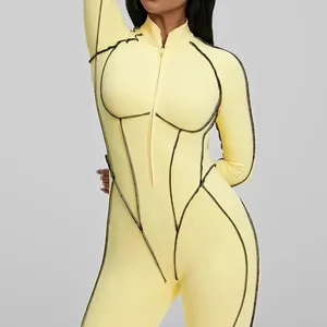 New One Piece Breathable Women's Bodysuits Contrast Stitching Front Zipper Jumpsuit Women Gym Fitness Yoga Jumpsuit Rompers