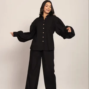 Casual Black Solid Western Co-ord Set Relaxed Shirt with Pant Waist Tie-up Belt Floor-Length Woven Button Reasonable Price