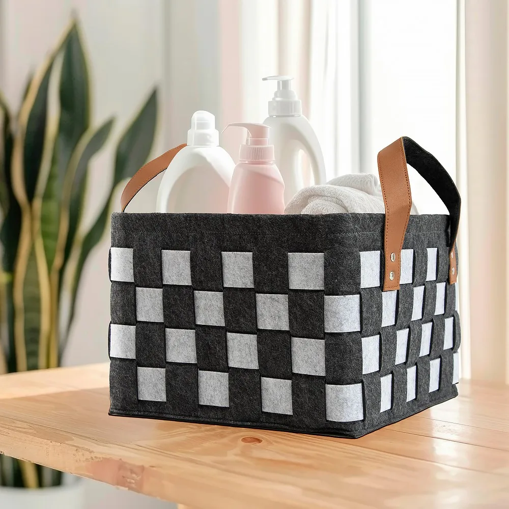 Bathroom and laundry lifestyle scene with the checkerboard felt clothes storage basket