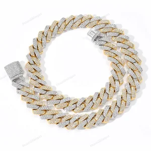 Elegant Two-Tone Sterling Silver Cuban Link Chain 10K/14K/18K Gold Plated 2 Rows Moissanite Men's 22-Inch Hiphop Necklace