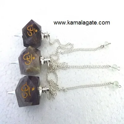 Assorted Natural Agate Hexagon Om Symbol Gemstone Pendulum Engraved Handmade Reiki Healing Craft From Gujarat KAMALAGATE.COM