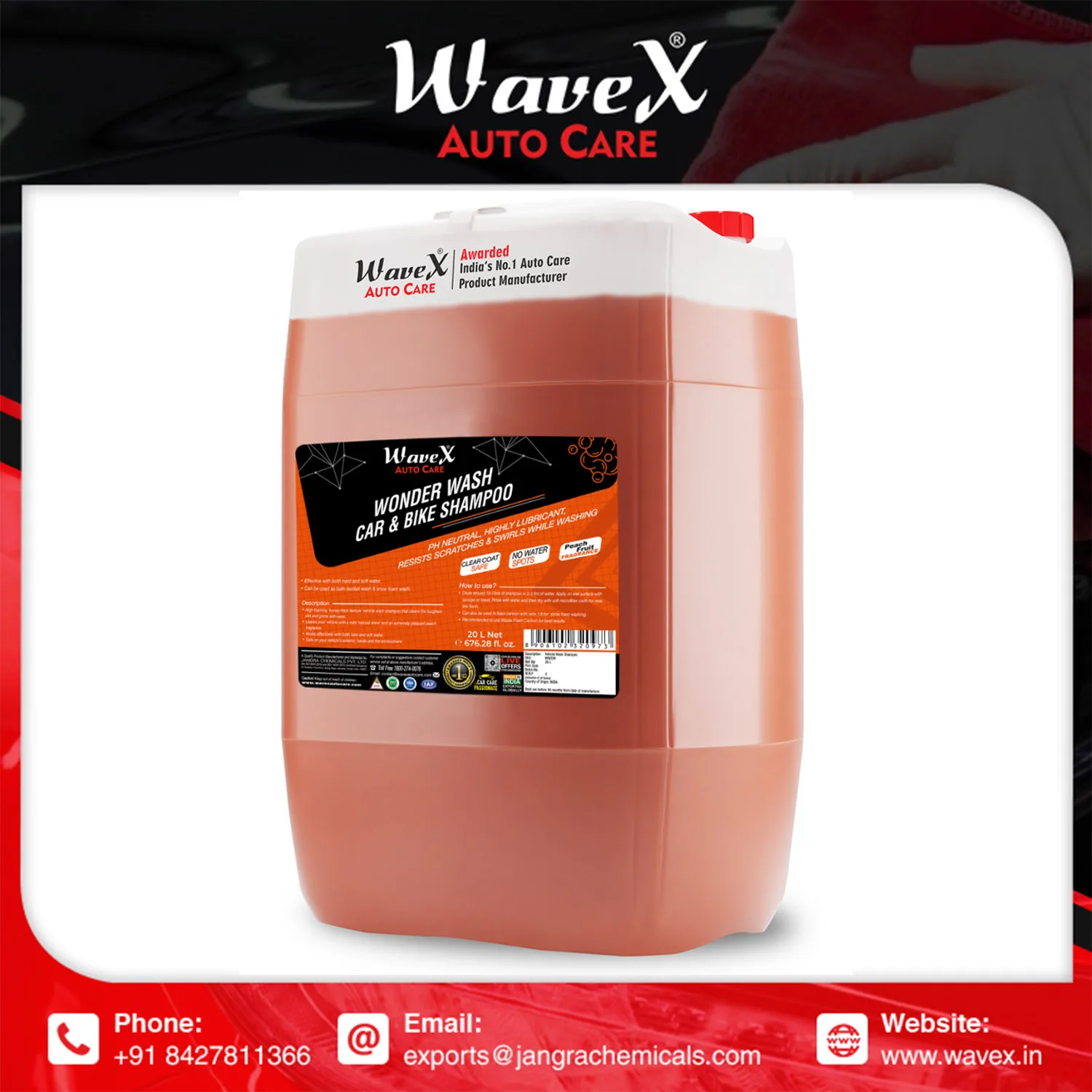 Wonder Wash Car Shampoo 20ltr Ph Neutral Formula For Safe,Spot Free