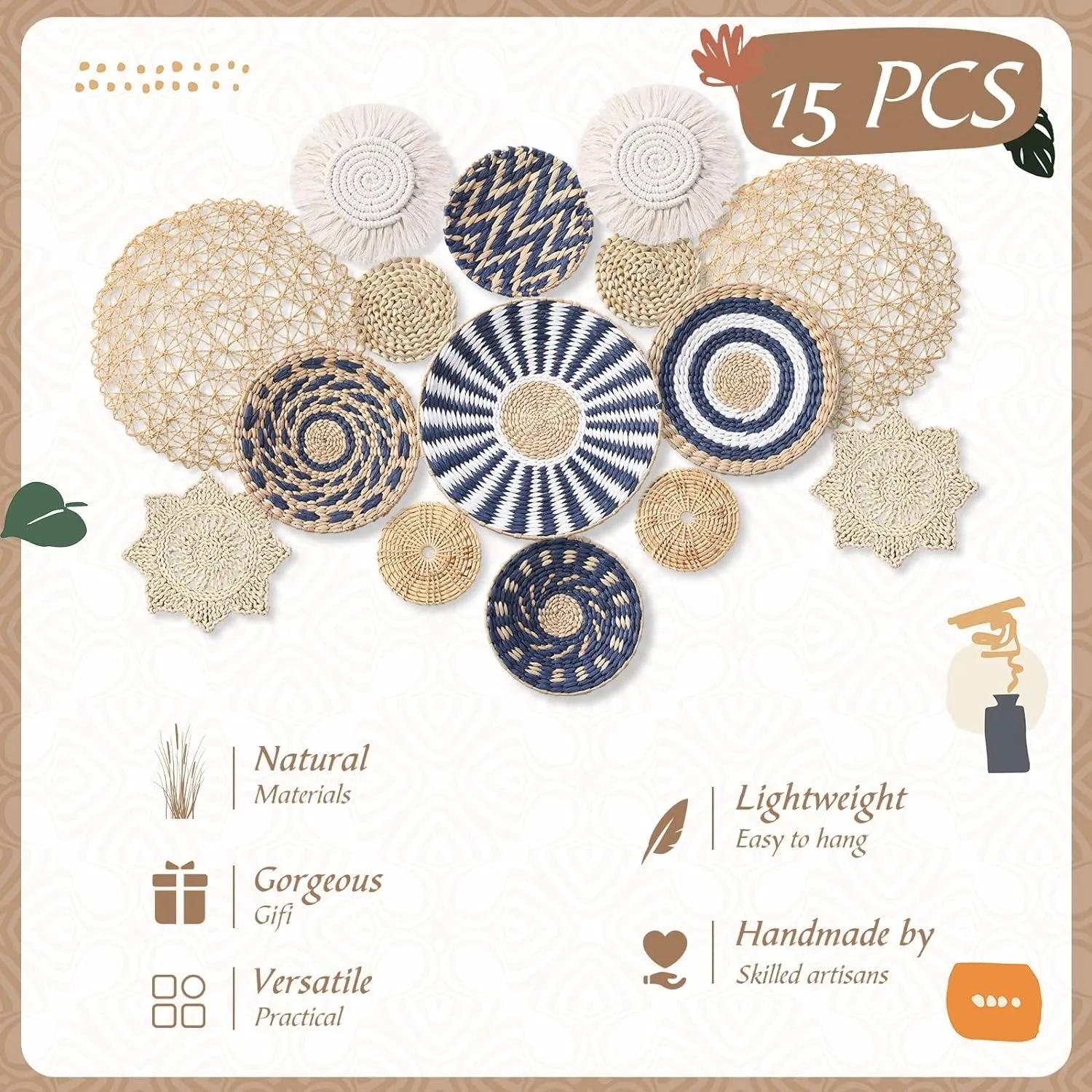 Round Shape Seagrass Anniversary Ornament Wall Hangings Bohemian ...