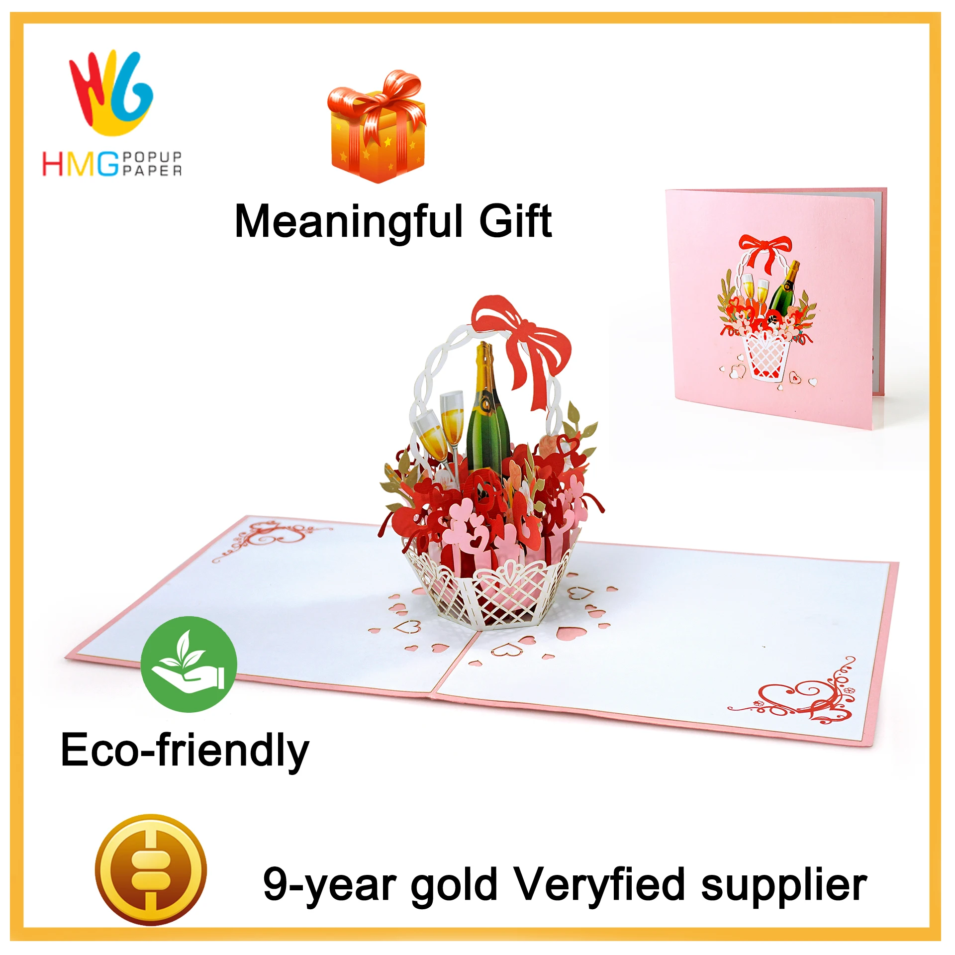 New 3d Popup Greeting Card Model Flower Basket And Champagne 2022 For