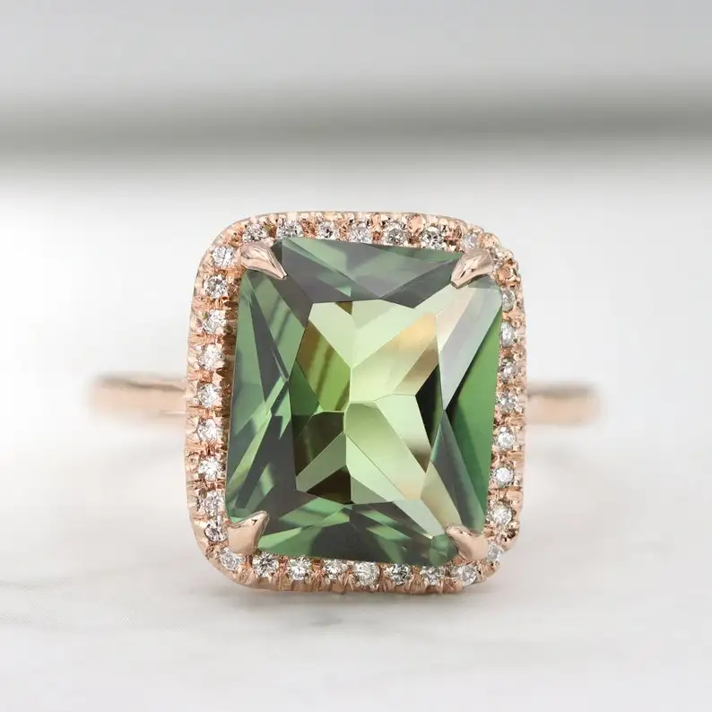 2023 Latest New Design Ring With Octagon Cut Green Tourmaline & Diamond Ring 18k Solid Gold Wedding Engagement Rings for Women
