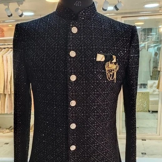 NEW STYLISH SEQUENCE EMBROIDERY on BLACK SHERWANI WITH PANT DRESS & ALSO MATCHING SHOE WITH DRESS for PARTY-WEAR/WEDDING @ 2023