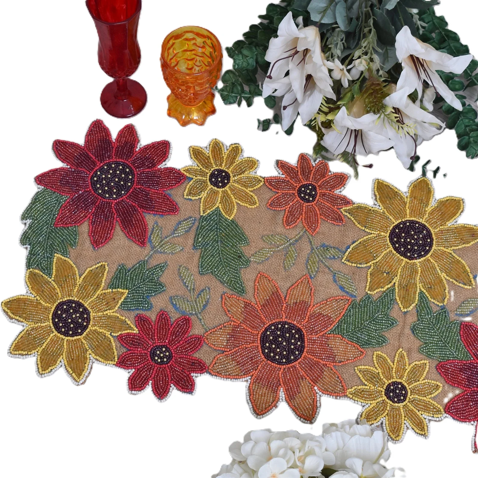 Custom Color Beaded Work Embroidery Table Runner Floral Design for Dining Jute Material Weddings Home Hotels Parties Low Price