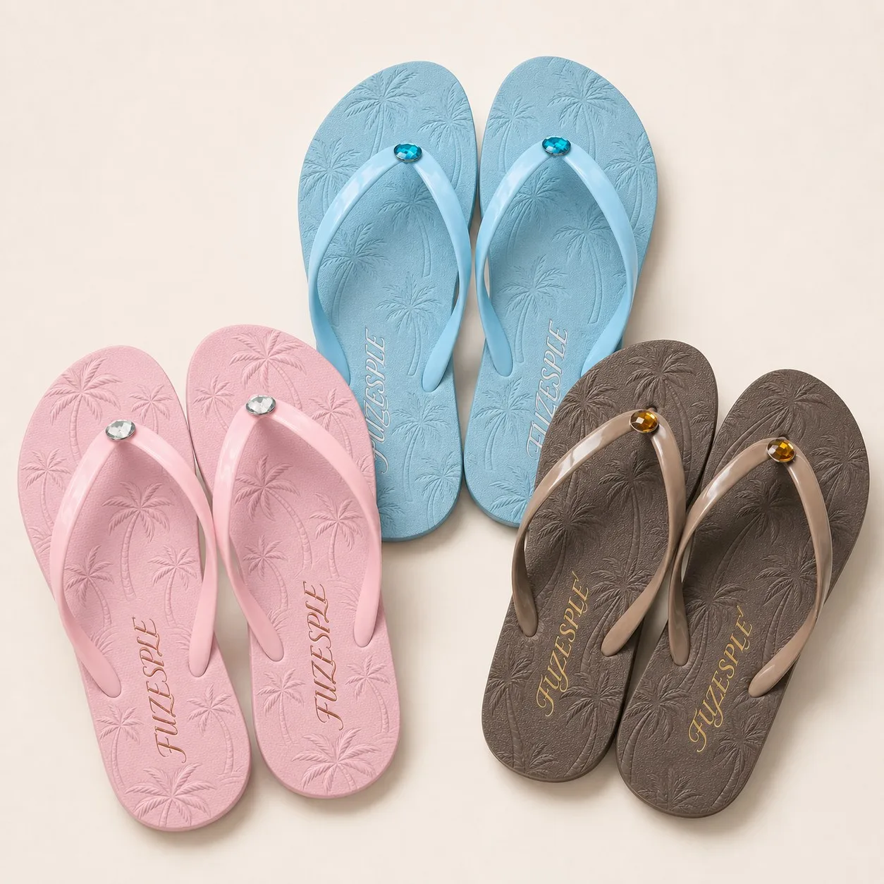 Custom palm tree gem flip flops in multiple color options