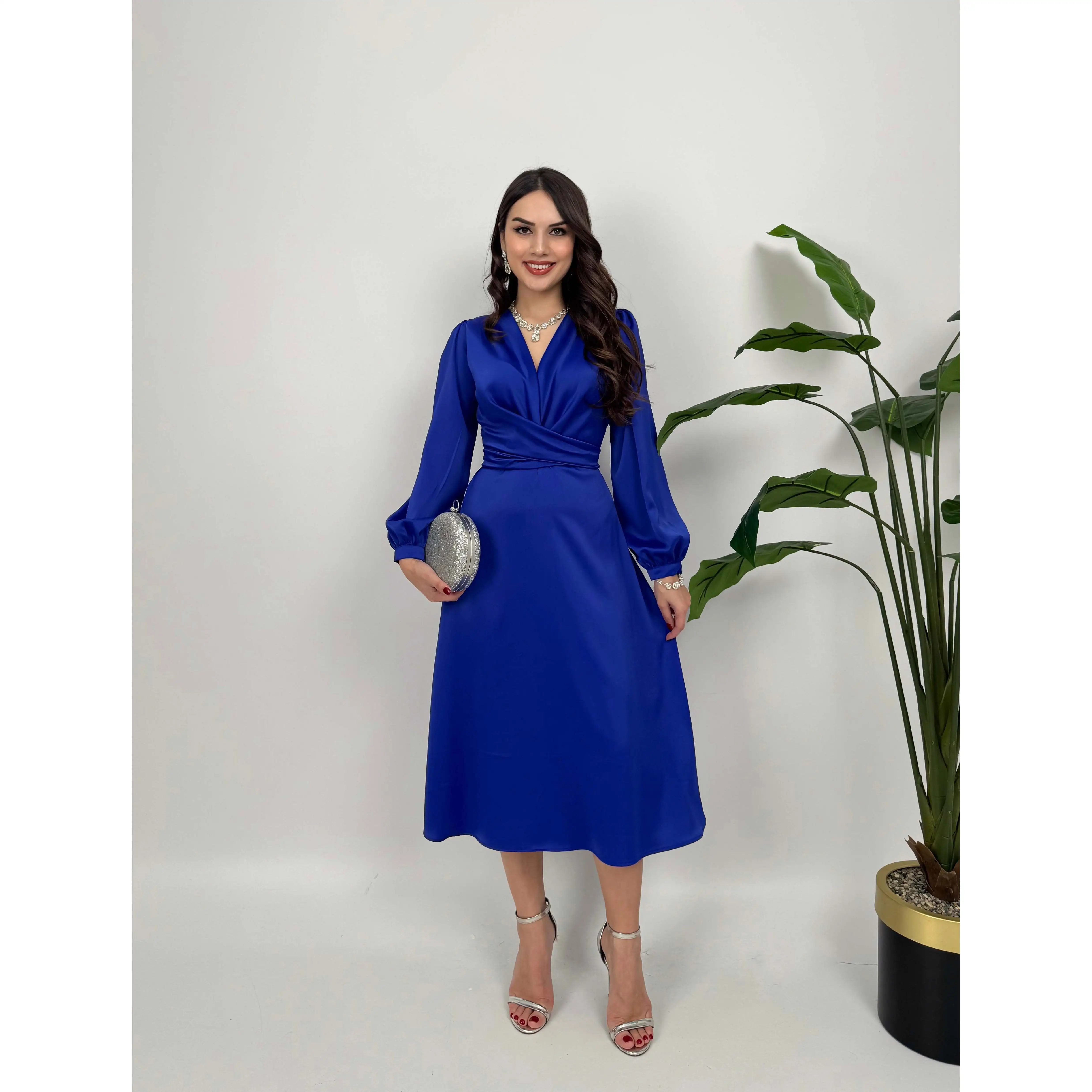 2052 A-Line Satin Belted Dress with Natural Waistline