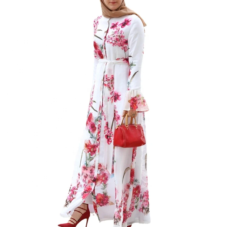 White Suit Red Flower Printed Best Selling Abaya Dress Dubai Designs Islamic Ethnic Clothing Private  Label Abaya for Muslims